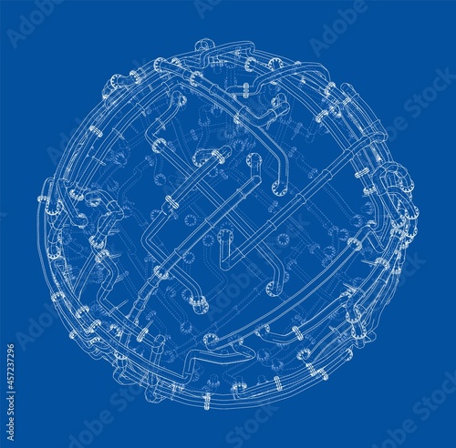 Pipes with flanges around a large sphere. Vector
