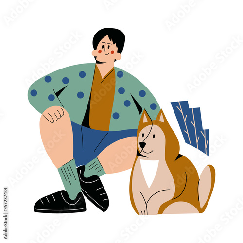 Dog owner boy hug pet vector illustrations.Young man cuddle with companion puppy. Friendship between teenager and dog. Canine shelter concept. Domestic animal Human best friend. Isolated on white