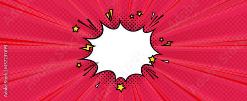Surprising boom cloud with stars and lightnings in halftone background for sales and promotions. Banner template for surprises and bursting events. Vector illustration in pop art style