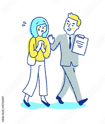 キャッチセールスをするセールスマンと困っている若い女性