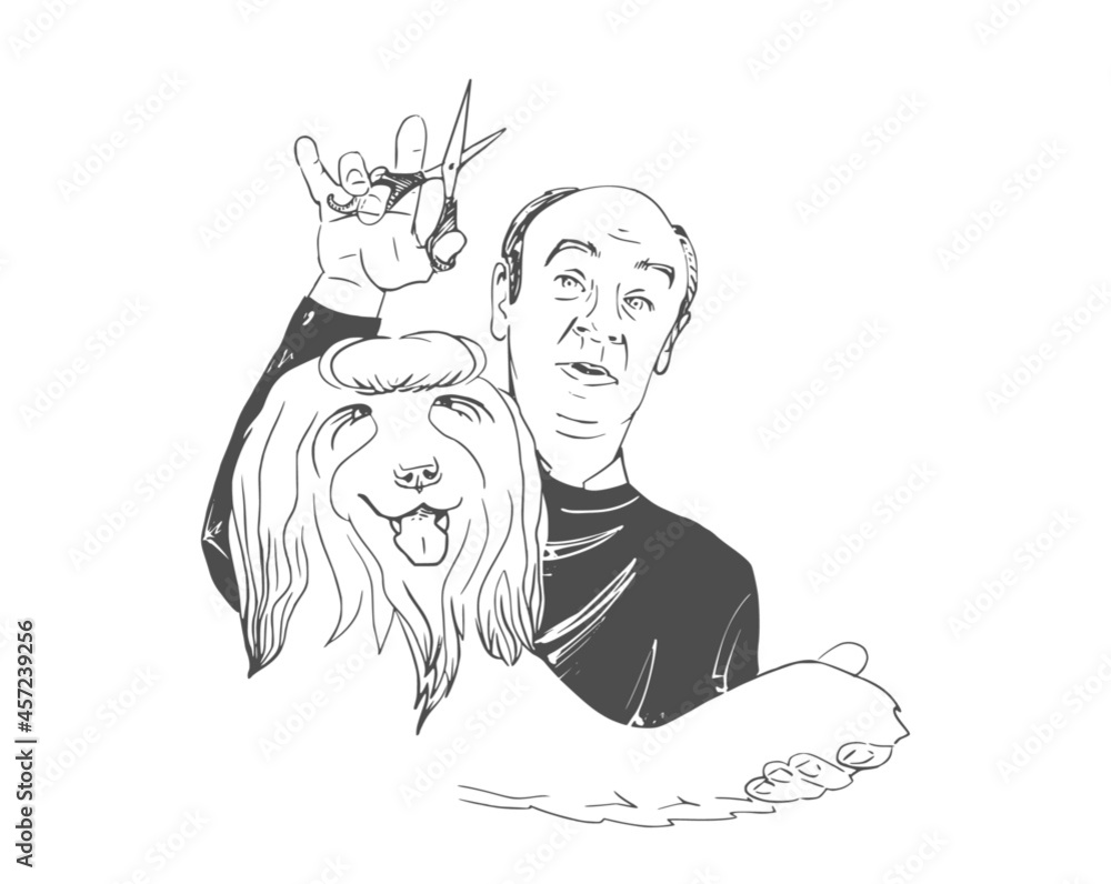 Pet grooming vintage illustration. Hairy dog and bald man freehand drawing