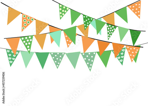 Greeting or Birthday party invitation with carnival,bunting flag garlands. Part decorating concept with colorful hanging above. Happy birthday.  with copy space for your text.