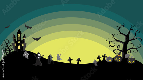 Halloween message card illustration with silhouettes of jack-o-lanterns, ghosts, castles, tombs and trees.