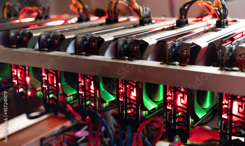 Bitcoin mining farm.  Rig for cryptocurrency miner