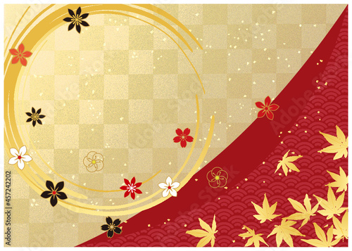 紅葉と和柄_金箔背景