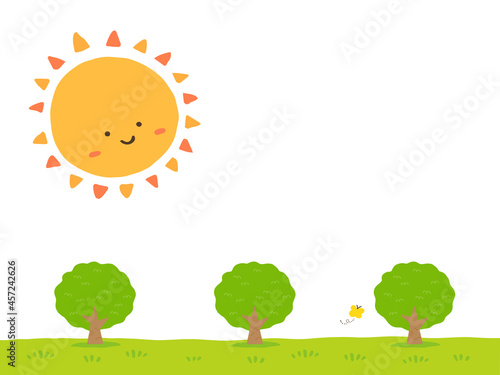 かわいい木々と太陽／手書きイラスト
