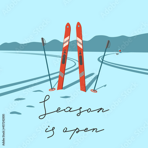 Motivating retro poster with cross country skiing and winter landscape