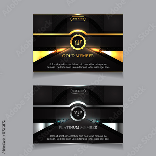 Vector VIP golden and platinum business card. Black geometric pattern background with premium design. Luxury and elegant graphic template layout for vip member