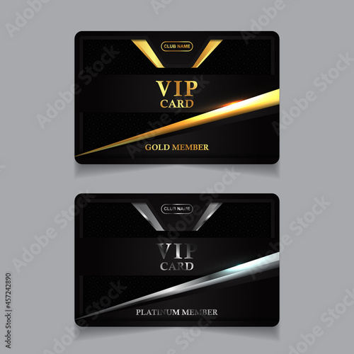 Vector VIP golden and platinum business card. Black geometric pattern background with premium design. Luxury and elegant graphic template layout for vip member