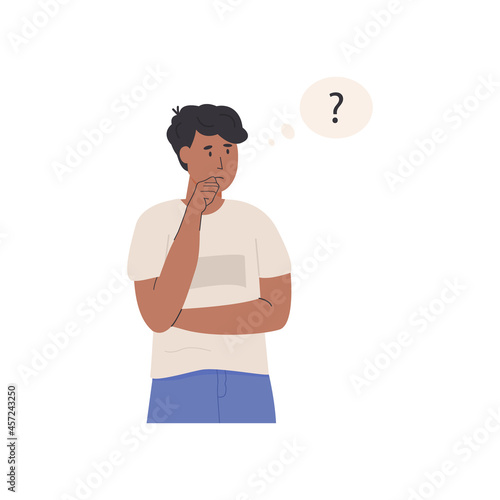 African black skin thinking character. Portrait of thoughtful person with question mark. Young man solving problem, making decision. Flat style vector illustration.