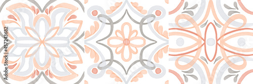 Set of watercolor illustrations - ceramic tile stylization with blue ornaments. Azulejos portugal, Turkish ornament, Moroccan tile mosaic, Talavera ornament.
