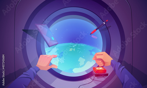 Spaceship interior with Earth view through round window. Concept of flight in shuttle for science discovery and travel. Vector cartoon illustration of man hands push home button in rocket in cosmos