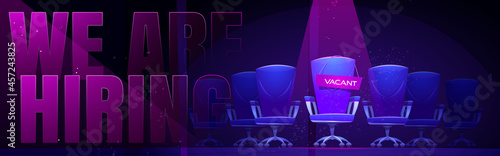 We are hiring banner with empty chair lit by lamp. Vector poster of job vacancy, hire staff with cartoon illustration of vacant seat. Concept of search and recruiting employees