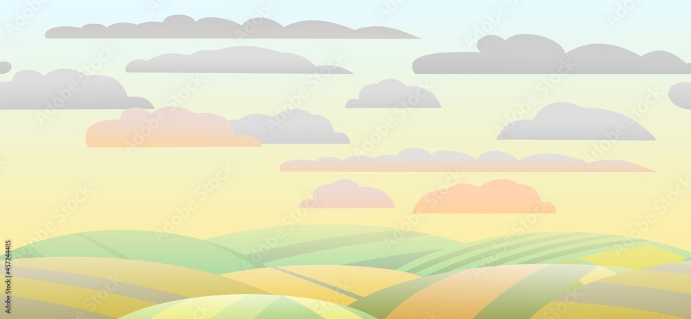 Rural landscape with wheat farmer hills. Cute funny cartoon design. Autumn morning. Horizontally background seamless illustration. Flat style. Vector.
