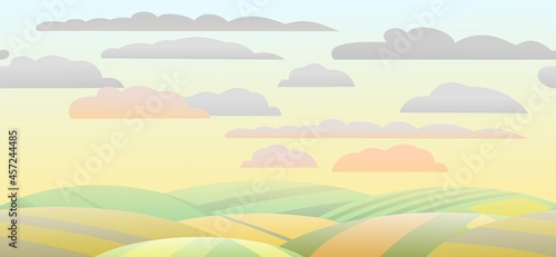 Rural landscape with wheat farmer hills. Cute funny cartoon design. Autumn morning. Horizontally background seamless illustration. Flat style. Vector.