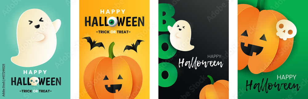 Happy Halloween set of cards. Inscription boo,pumpkin, bat, skull and ghost in paper cut style. Halloween greeting posters.  - obrazy, fototapety, plakaty 