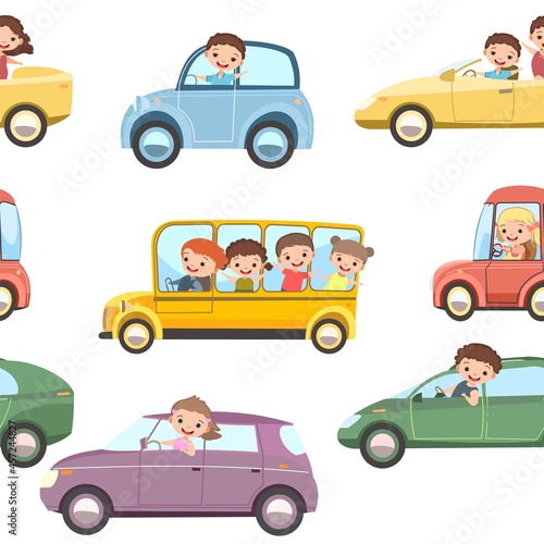 Children drive cars. Seamless cartoon pattern. Kids motorists. Childrens background isolated. Various automobiles. Smiles. Toy vehicle, motor and truck auto. Vector