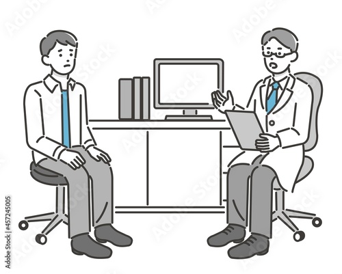 不安な若い男性に診察をする医者のベクターイラスト素材／病院／ドクター／悩む／不安