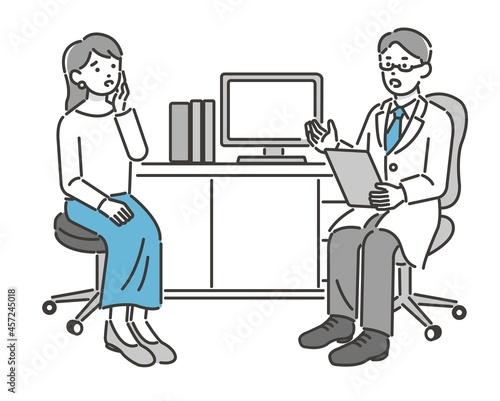 不安な若い女性に診察をする医者のベクターイラスト素材／病院／ドクター／悩む／不安