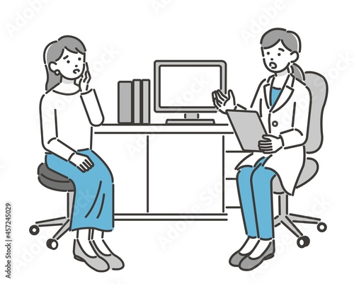 不安な若い女性に診察をする医者のベクターイラスト素材／病院／ドクター／悩む／不安