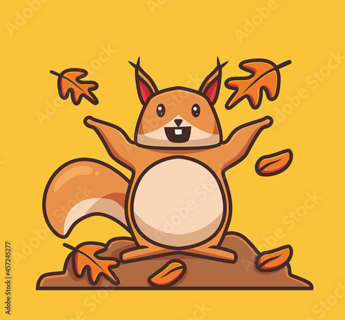 cute squirrel playing fall leaves. cartoon autumn season concept Isolated illustration. Flat Style suitable for Sticker Icon Design Premium Logo vector. Mascot character