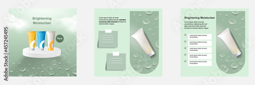 Minimal beauty cosmetic social media square post banner in green color background. Suitable for product knowledge, display, price, catalog tips template with icon sky cloud water droplet note paper.