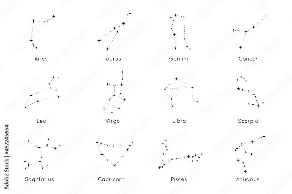 Collection of Zodiac constellations signs. Astrological Horoscope Icons of Aries, Taurus, Leo, Gemini, Virgo, Scorpio, Libra, Aquarius, Sagittarius, Pisces, Capricorn, Cancer. Vector Illustration