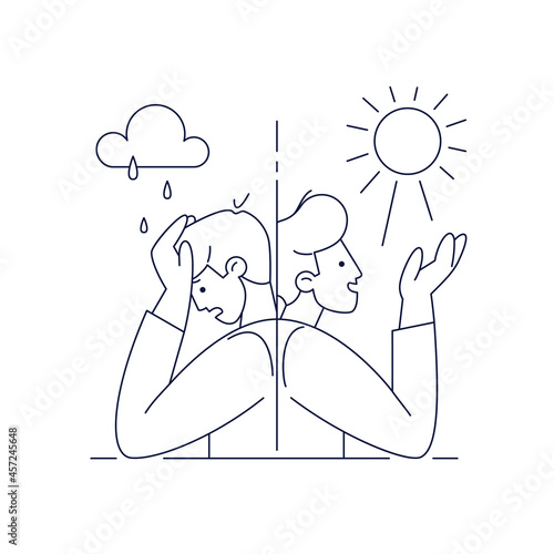 Bipolar disorder vector illustration. Man suffers mood swings, mania and depression period split. Editable stroke, isolated on white.Manic depression, Mental disorder concept for web design, line art