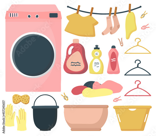 Big set of elements for cleaning and washing in the house. Washing machine with laundry. Baskets for laundry and storage of small things, home comfort, restoring order in the house. A flat vector set.
