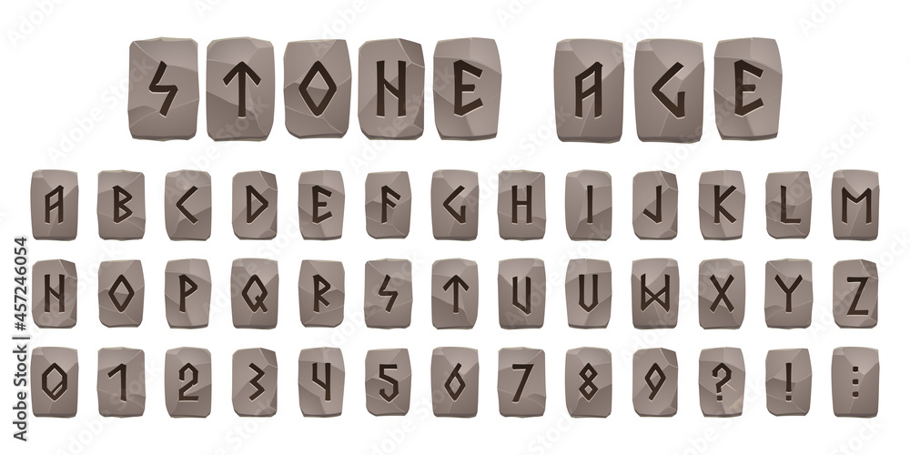 Vecteur Stock Viking runes stone age alphabet, celtic font with ancient  runic signs on grey rock pieces. Abc nordic style scandinavian letters,  digits and punctuation signs, futark type symbols, Cartoon vector set
