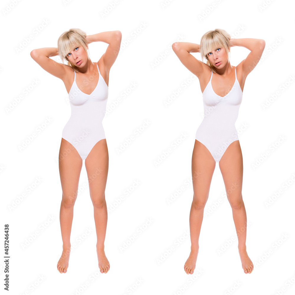 Two full length portraits of a beautiful blonde woman wearing a white bathing suit, studio photo isolated in front of white background Two full length portraits of a beautiful blonde woman wearing a white bathing suit, studio photo isolated in front of white background