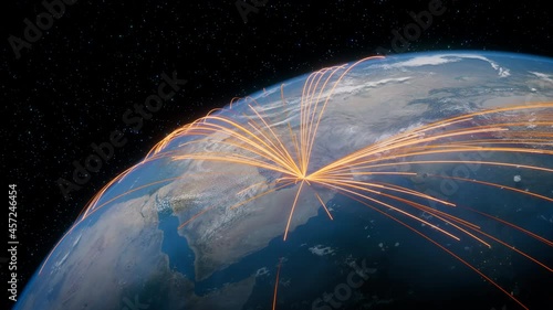 Earth in Space. Orange Lines connect Dubai, UAE with Cities across the World. Worldwide Travel or Communication Concept.