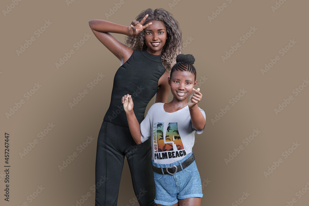 スタイルのいいお姉さんと指でハートマークを作る妹のツーショット Stock イラスト Adobe Stock