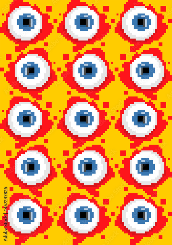Eyeball pixel art pattern seamless. 8 bit Eye and blood background. pixelated Halloween vector texture Eyeball pixel art pattern seamless. 8 bit Eye and blood background. pixelated Halloween vector texture