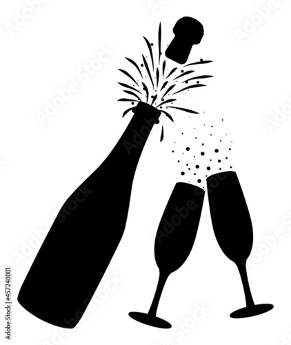 Champagne bottle opening with pop and cork flying.