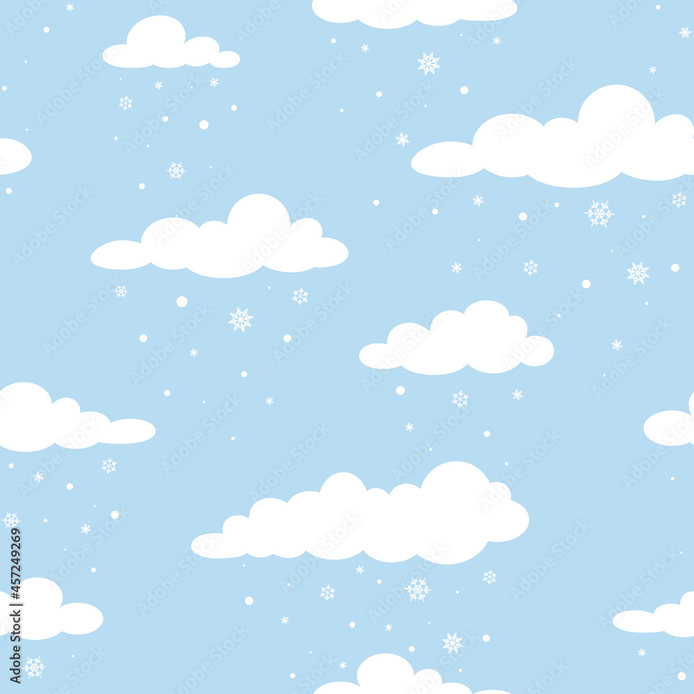 Winter Seamless pattern with white clouds and flat snowflakes and dots on blue sky. Winter Seamless pattern with white clouds and flat snowflakes and dots on blue sky.