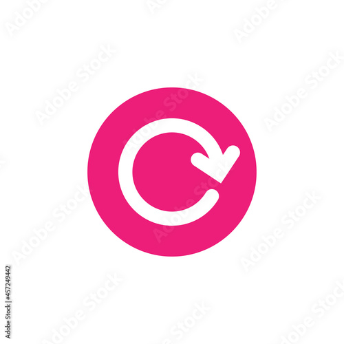 refresh or repeat icon . Two white opposite round arrows in pink circle isolated on white.