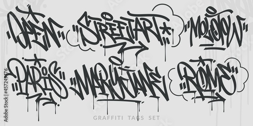 Flat Hand Written Abstract Hip Hop Urban Street Art Graffiti Style Words Vector Illustration Set
