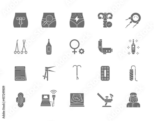 Set of Gynecology Grey Icons. Thermometer, Pregnancy Test, Tampon and more