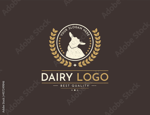 Logo and Badge Vector Illustration Farm Goat isolated or Brown Background. Farm Animals Badge with Wreath. Template for Dairy and Milk Farm Business. Texture.