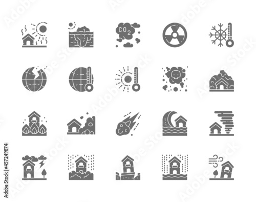 Set of Natural Disaster Grey Icons. Drought, Global Warming, Pollution and more.
