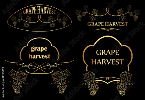 floral frames with grape for grape harvest - vector set of golden silhouettes