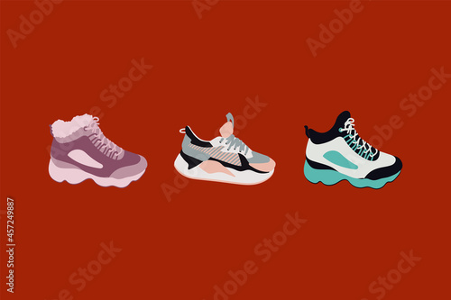 A set of shoes for women and men's sneakers. Fashionable sports shoes in different colors. Stylish shoes, running shoes, sneakers for tourism. Vector illustration for poster design. Vector