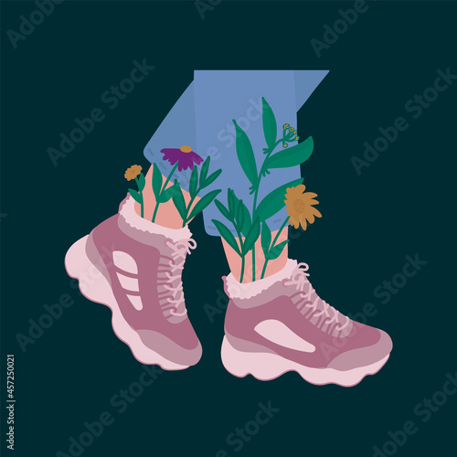 A poster of a pair of female legs in sneakers. Fashionable sports shoes. Stylish shoes, running shoes and flowers. Vector color fashion illustration for postcard design. Vector illustration