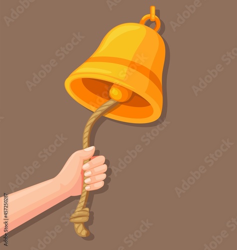 Hand ringing bell with rope icon in cartoon illustration vector