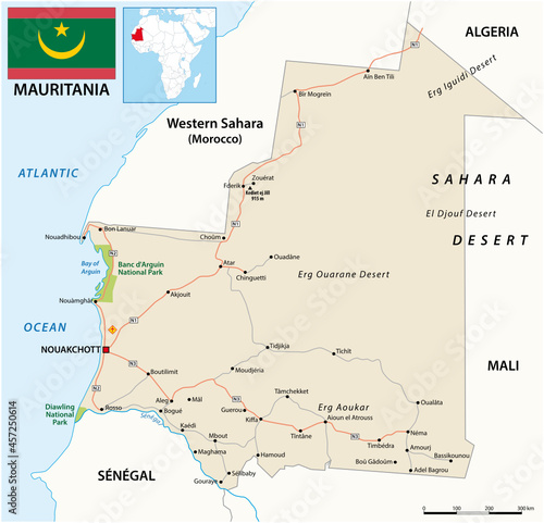 mauritania vector road map with flag photo