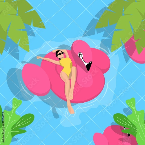 Women chilling on the pool float in the swimming pool, enjoy summer and relax. Pool floating girl vector illustration
