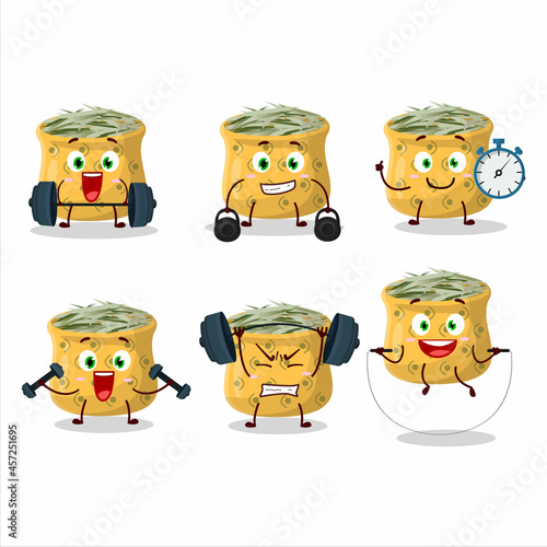 A healthy rosemary cartoon style trying some tools on Fitness center