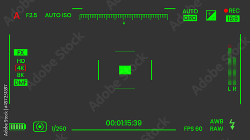 Camera viewfinder night vision video or photo frame recorder flat style design vector illustration. Digital camera viewfinder with exposure settings and focusing grid template.