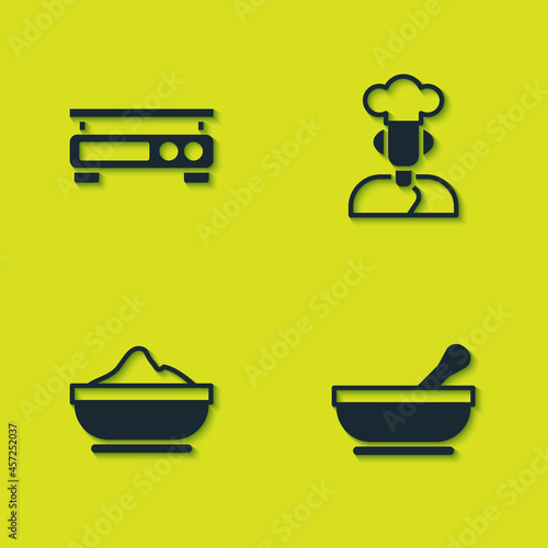 Set Electronic scales, Mortar and pestle, Flour bowl and Cook icon. Vector